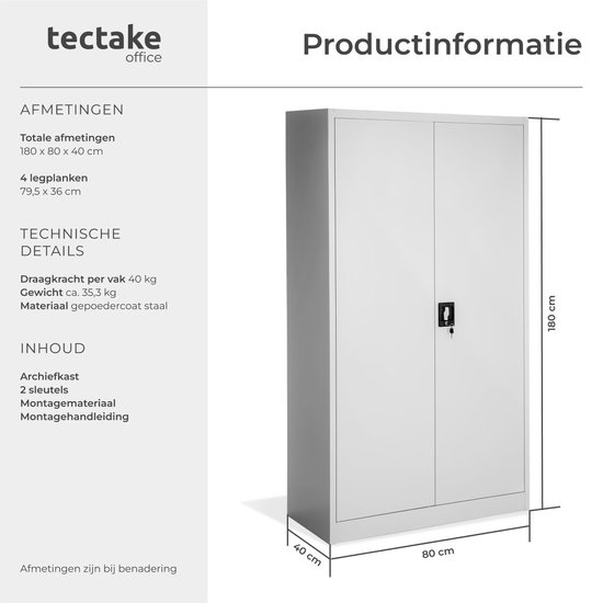 Grijze metalen archiefkast met gesloten deuren. Links de productinformatie met afmetingen en technische details.
