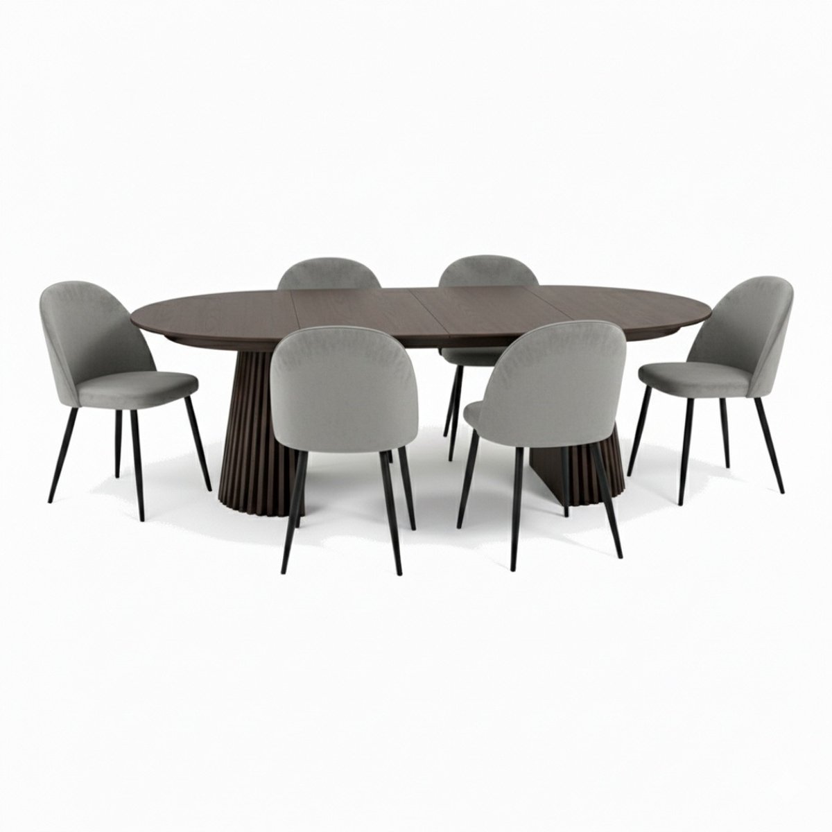 Tokyo eethoek eettafel smoked, 6 stoelen met grijze velours bekleding.