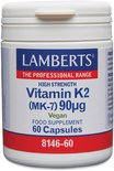 Witte pot met blauw en rood etiket. Lamberts High Strength Vitamin K2 (MK-7) 90µg Vegan, 60 capsules.
