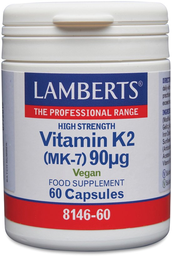 Witte pot met blauw en rood etiket. Lamberts High Strength Vitamin K2 (MK-7) 90µg Vegan, 60 capsules.