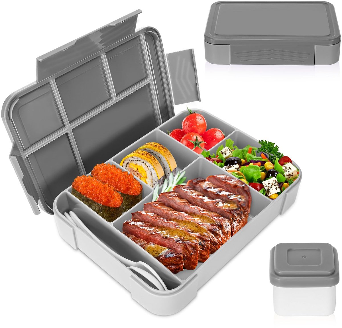 Ynkkvre-Kinderen Lunchbox met Vakjes – 1330 ml Lekvrije Lunchbox – Voor School, Picknick en Reizen – Geschikt voor Kinderen en Volwassenen – Magnetron- en Vaatwasserbestendig (Grijs)