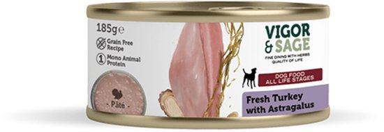 Vigor & Sage Hondenvoer Vers-in-Blik Kalkoen - Astragalus - 12 x 185 gr - Voordeelverpakking