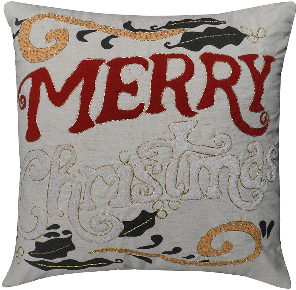 Urbane Hide Kerstkussen - Kerst Kussenhoes Borduurwerk & Kralenwerk met Merry Christmas Tekst en Hulst - Vierkante Kussenhoesjes - Kerstkussens Elegant Design - 45x45 cm - Katoen/Linnen - Rood/Wit - Zonder Binnenkussen Type N