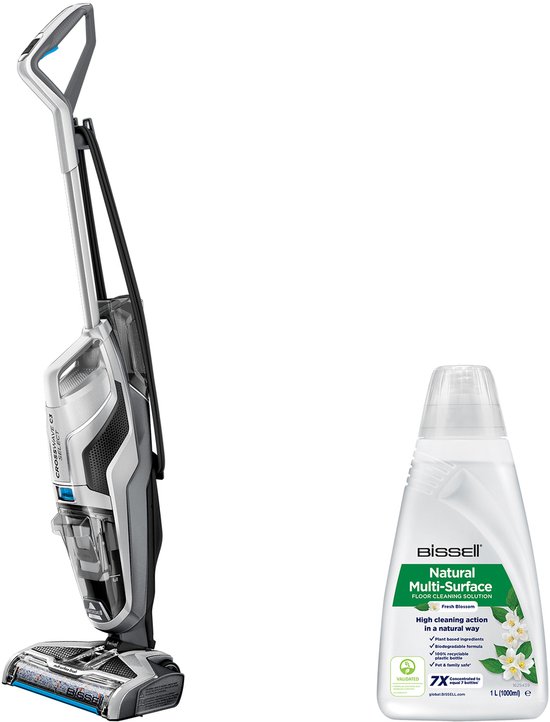 Wit en grijs BISSELL Crosswave C3 Select snoer stofzuiger met dweilfunctie naast een fles reinigingsoplossing.