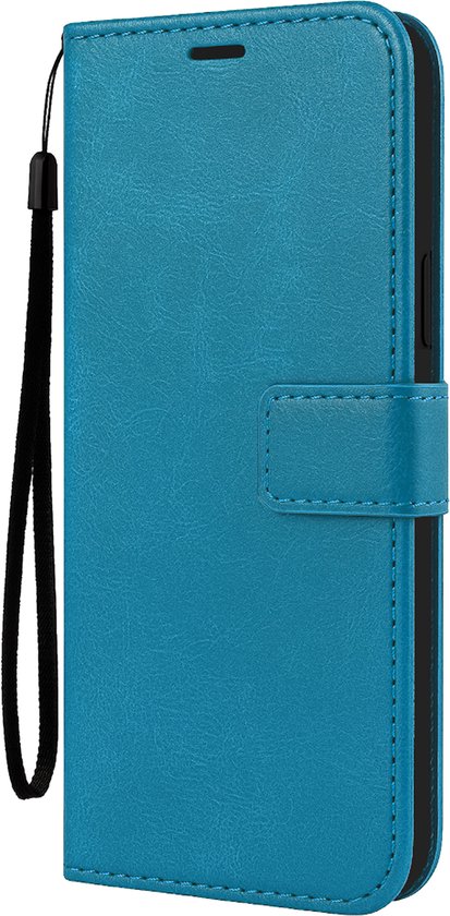 Étui portefeuille turquoise avec dragonne, fermeture magnétique et surface texturée.