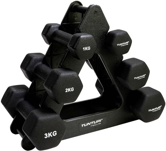 Tunturi Gewichten Centuri - Halterset - Dumbbell Set - Neopreen Dummbbells - 1 t/m 3kg - 3 Paar - Incl. gratis fitness app