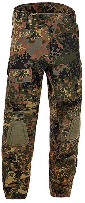 Camouflage broek in groen, bruin en zwart met verstevigde knieën.