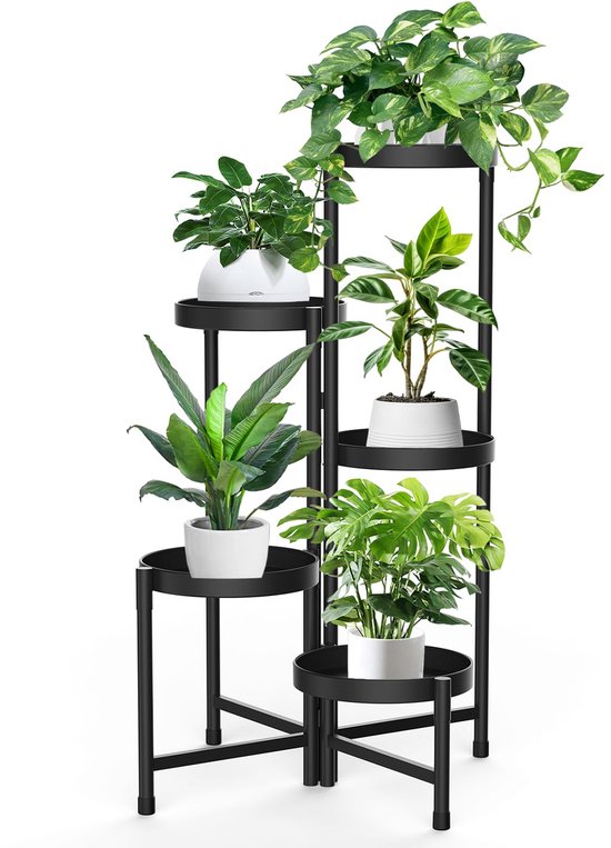 Rosnek Metaal Plantenrek met 5 Lagen voor binnen & buiten - Opvouwbaar Plantenstandaard Zwart - Montage zonder schroeven - voor Woonkamer Balkon Tuin