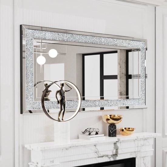 Grand miroir mural de Luxe Artloge avec diamants en cristal – Miroir mural rectangulaire 120 x 60 cm – Miroir décoratif argenté brillant – Miroir en cristal scintillant pour salon, chambre ou couloir – Décoration murale élégante