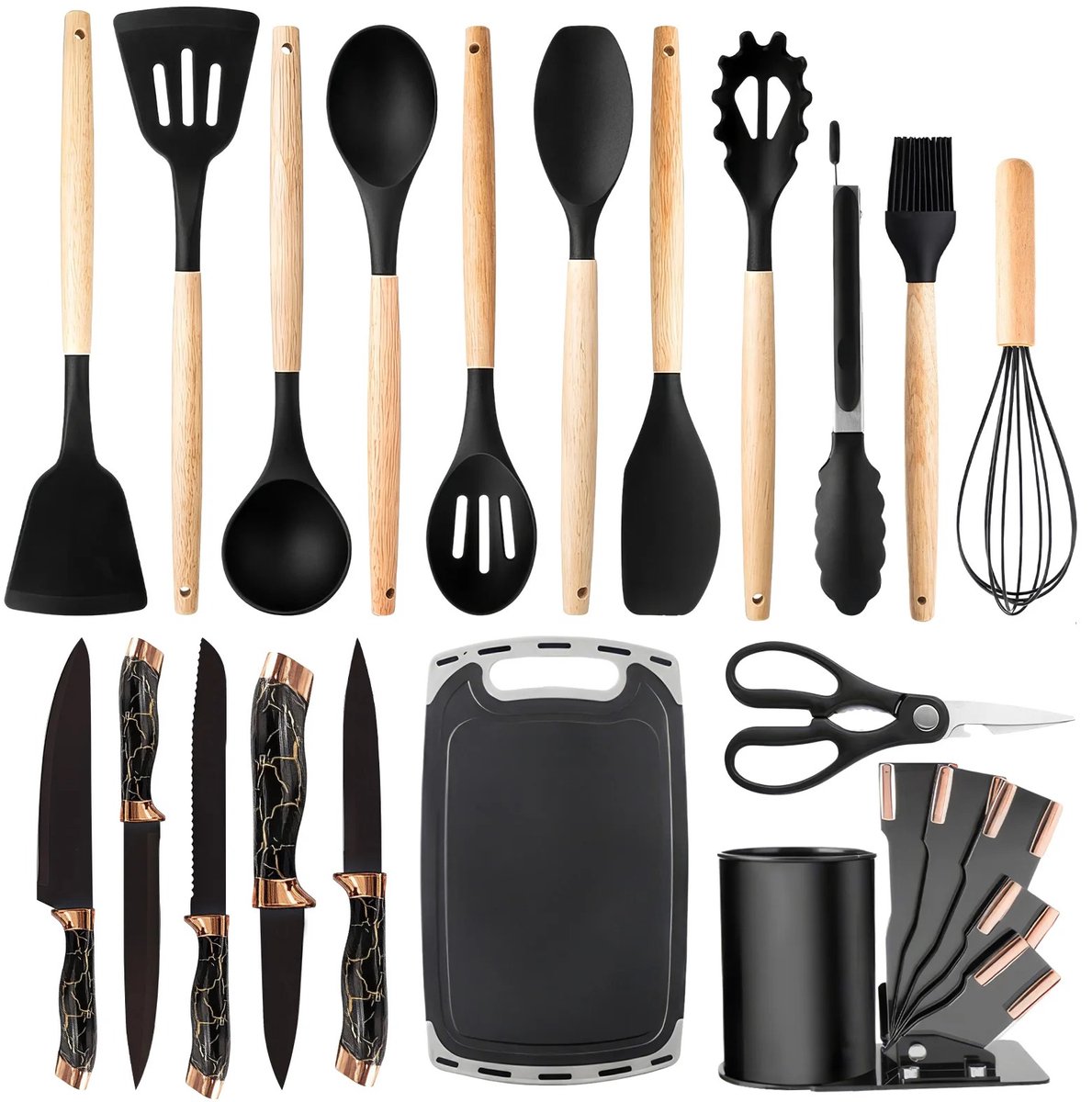 20-delige Keukengerei Set – Hittebestendig tot 230 °C / 446°F – Hoogwaardig Kunststof - BPA Vrij - Inclusief Turner, Spatel, Lepel, Borstel, Garde, Mes & Schaar - Complete Kookgerei Set