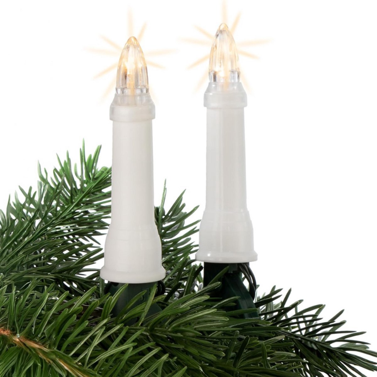 Lichtketting Met Kaarsen Voor Kerstboom Buiten - 24 Warmwitte LED Kaarsjes Met Clip - 1035 Cm Verlicht - Groene Kabel En Witte Kaarsen - Inclusief 5 Meter Voedingskabel - Energieklasse G