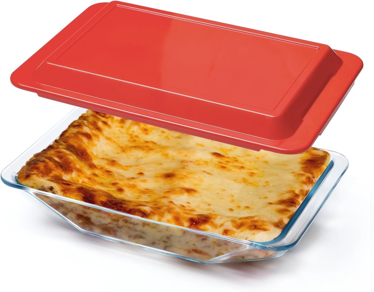Lasagna Bakvorm 2.5 L - 29 x 19.8 x 5.5 cm - Glas met Plastic Deksel - Diamantvorm Groot