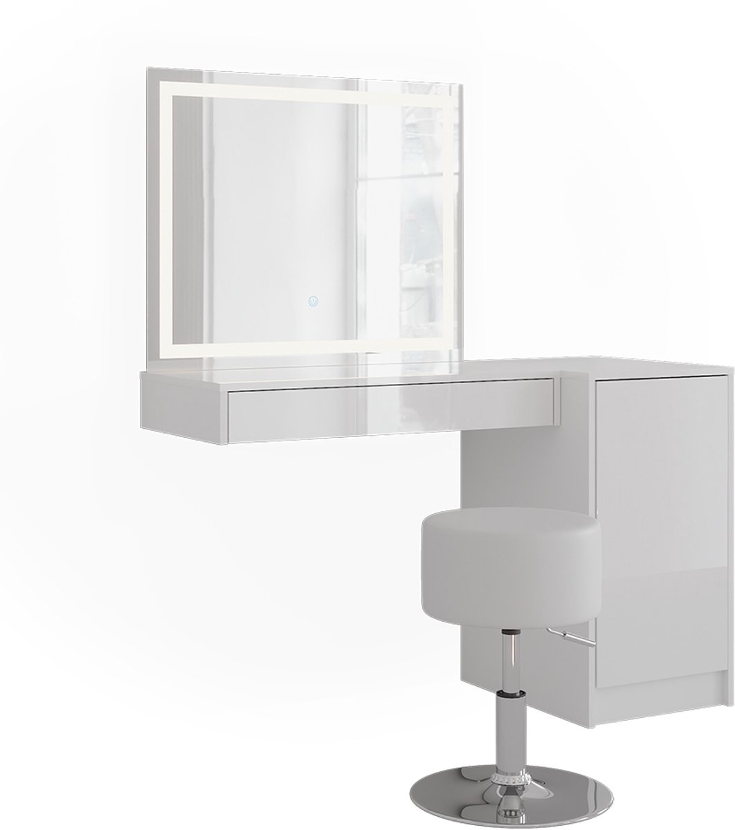 Vicco Kaptafel set met kruk Sherry, Wit/Wit Hoogglans, 120.2 cm met LED-spiegel, kruk en deurmodule