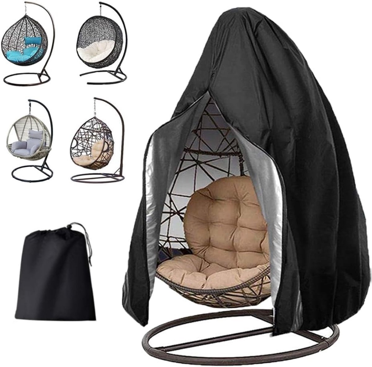 Beschermhoes Hangstoel - 190 x 115 CM - Hoes voor Egg Chair - Waterdicht & Anti-UV - Zwart -Ritssluiting - Wordt geleverd met een zwarte opbergtas