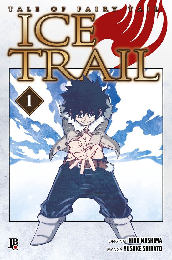 Cover van 'Fairy Tail: Ice Trail' deel 1. Een jongen met donker haar en een bontkraag staat voor een winterse achtergrond.