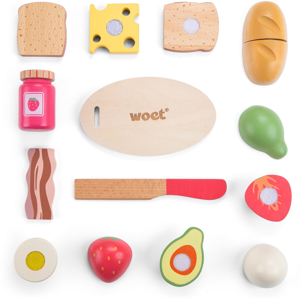 Woet® Houten Snijset Ontbijt in Opbergdoos - Speelset Ontbijt met Snijplank Brood, Kaas, Ei en Fruit - Educatief Speelgoedeten - Rollenspel Keukenspeelgoed - Vanaf 2 Jaar — afbeelding 6