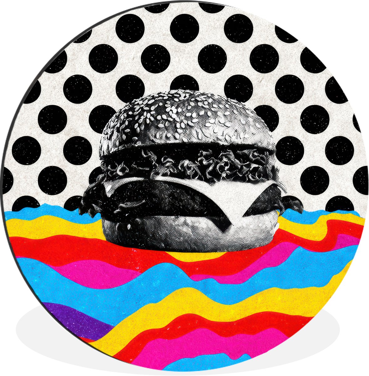 WallCircle Wandcirkel - Muurcirkel - Hamburger - Stippen - Golven - Kleuren - Aluminium - Dibond - 140x140 cm - Binnen en Buiten Hamburger - Golven - Kleurrijk