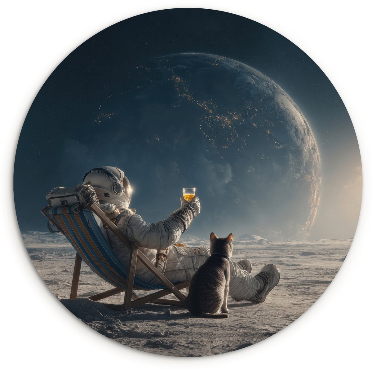 WallCircle Wandcirkel 140x140 cm - Muurcirkel Maan - Kat - Astronaut - Ruimte - Muurdecoratie woonkamer - Wanddecoratie slaapkamer - Kamer decoratie accessoires - Ronde schilderijen