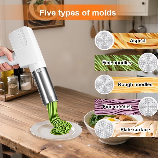 Huishoudelijke Elektrische Pastamachine - Draadloze Automatische Pastamachine met 5 Persmallen - 2000mAh - Draagbaar en Handig — afbeelding 4