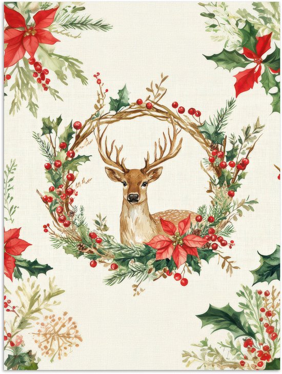 Poster 60x80 cm - Kerstkrans - Hert - Hulst - Rood - Posters - Kamer decoratie - Wanddecoratie woonkamer - Muurdecoratie slaapkamer - Kerstversiering - Kerstdecoratie voor binnen - Kerstmis