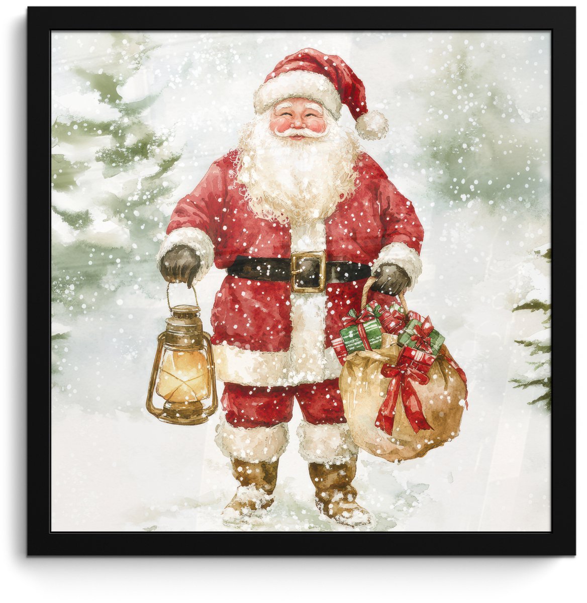 FrameYourWall Poster in lijst - Fotolijst 40x40 cm - Posters - Kerstman- Winter - Sneeuw - Wit - Rood - Posterlijst zwart - Decoratie - Wanddecoratie woonkamer - Muurdecoratie slaapkamer - Kerstversiering - Kerstdecoratie voor binnen - Kerstmis
