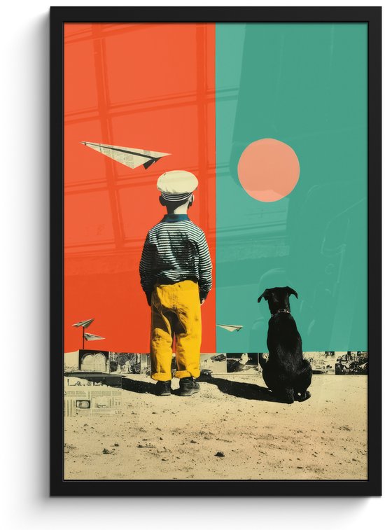 Poster in lijst - Fotolijst 40x60 cm - Posters - Retro - Jongen - Hond - Rood - Groen - Posterlijst zwart - Decoratie - Wanddecoratie woonkamer - Muurdecoratie slaapkamer