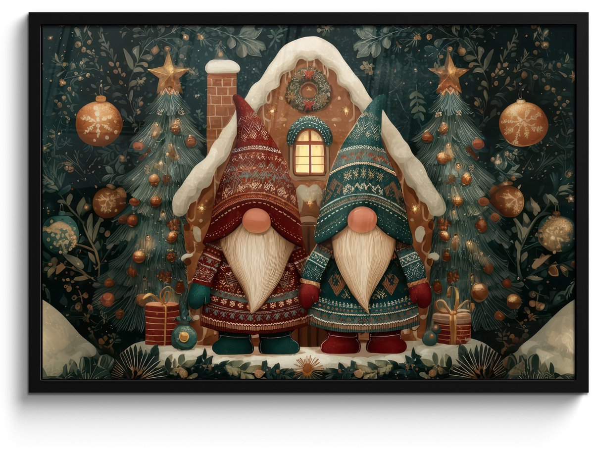 FrameYourWall Poster in lijst - Fotolijst 90x60 cm - Posters - Kerst - Gnomen - Peperkoekhuisje - Rood - Groen - Posterlijst zwart - Decoratie - Wanddecoratie woonkamer - Muurdecoratie slaapkamer - Kerstversiering - Kerstdecoratie voor binnen - Kerstmis Kerst - Gnomen - Huisje - Rood - Groen
