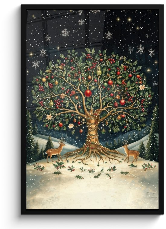 Poster in lijst - Fotolijst 60x90 cm - Posters - Feestboom - Winterhemel - Kleurrijk - Posterlijst zwart - Decoratie - Wanddecoratie woonkamer - Muurdecoratie slaapkamer - Kerstversiering - Kerstdecoratie voor binnen - Kerstmis