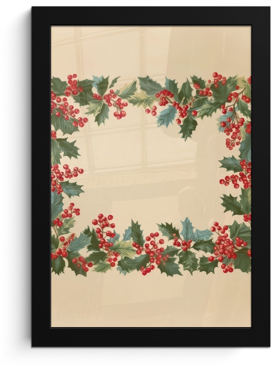 FrameYourWall Poster in lijst - Fotolijst 20x30 cm - Posters - Hulstrand - Bessen - Beige - Posterlijst zwart - Decoratie - Wanddecoratie woonkamer - Muurdecoratie slaapkamer - Kerstversiering - Kerstdecoratie voor binnen - Kerstmis