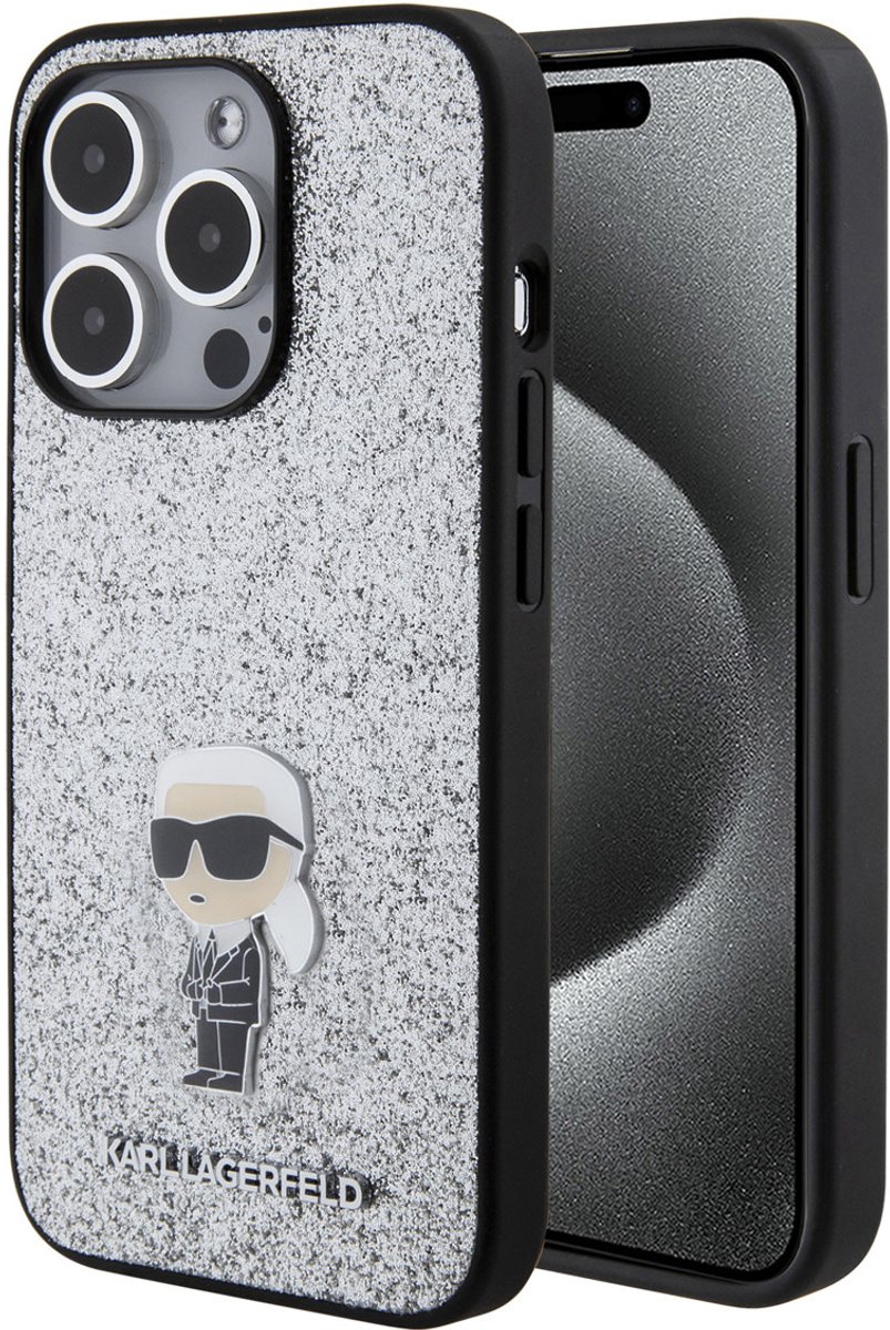 Karl Lagerfeld Back Cover - iPhone 15 Pro - Zilver - Glitter Design - Valbestendig & Modieus