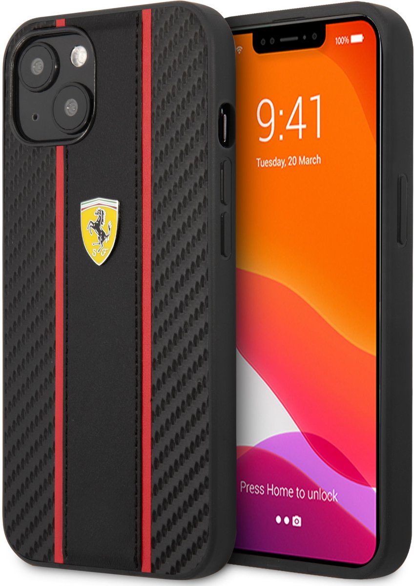 Ferrari Back cover - iPhone 14 Plus & 15 Plus - Zwart - Sportief design met carbon-look
