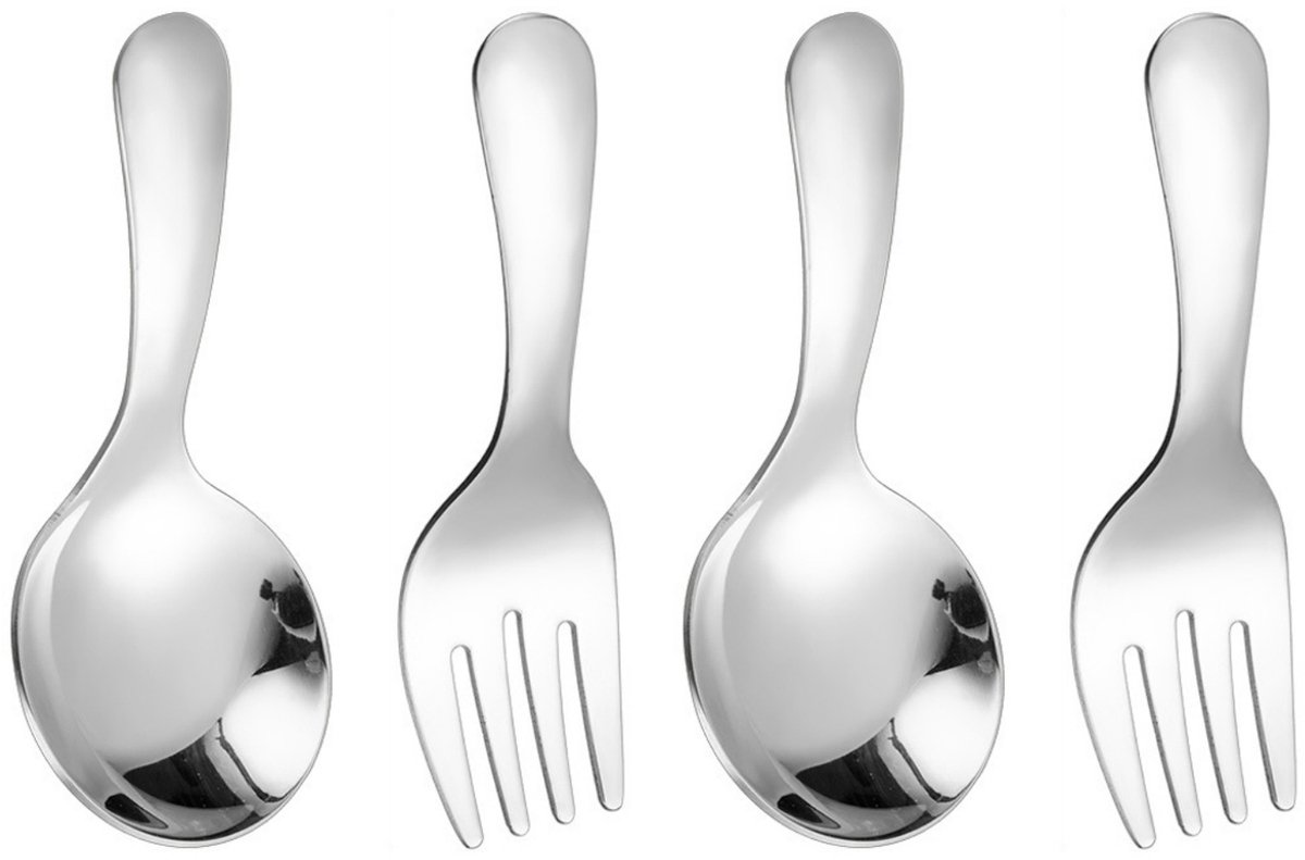 QTTVBTNA 4-delige herbruikbare bestekset - korte steel lepels en vorken - roestvrij staal - dessert, yoghurt, pasta, salade - geschikt voor kinderen en volwassenen - Zilver