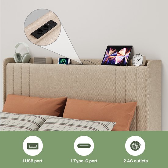 Het beige hoofdbord toont een ingebouwde USB-poort, Type-C poort en 2 stopcontacten.