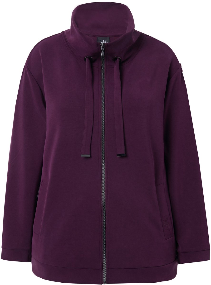 Ulla Popken - Dames - Sweatvest siersteentjes opstaande kraag lange mouw - Donkerpruim - Maat 58+