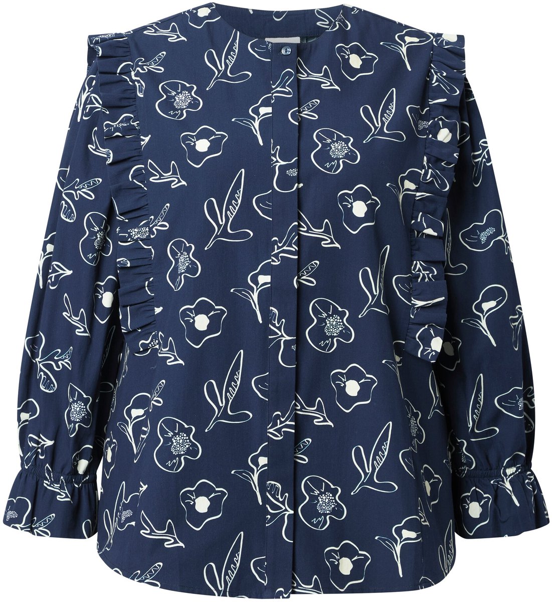Ulla Popken - Dames - Blouse ruches A-lijn ronde hals lange mouwen - Marine - Maat 46+
