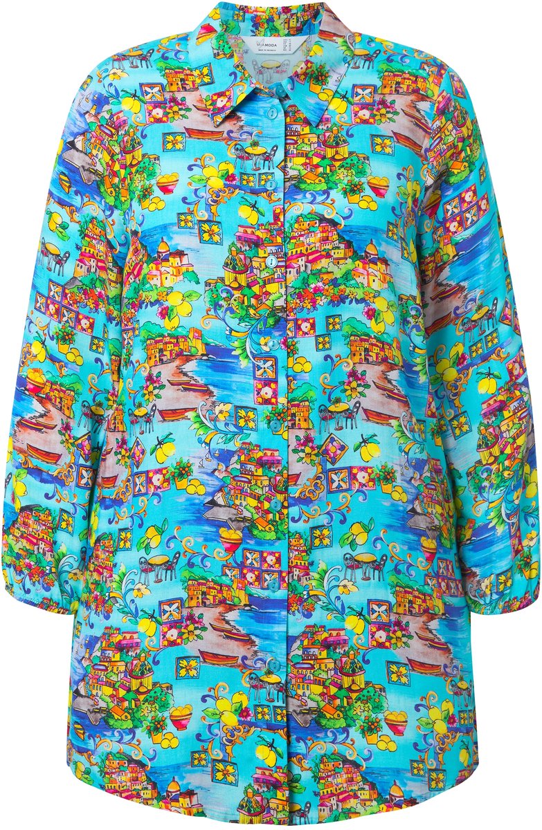 MIAMODA - Dames - Overhemdblouse A-lijn Italiaans motief - Babyblauw - Maat 52