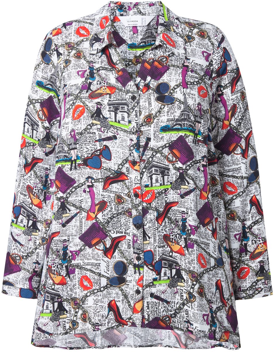 MIAMODA - Dames - Blouse A-lijn all-over print afgeronde zoom - Off-white - Maat 44
