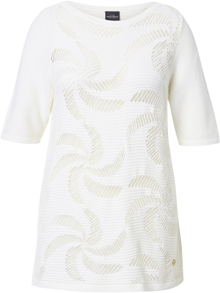 Ulla Popken - Dames - Trui bloemen boothals halve mouwen - Sneeuwwit - Maat 58+