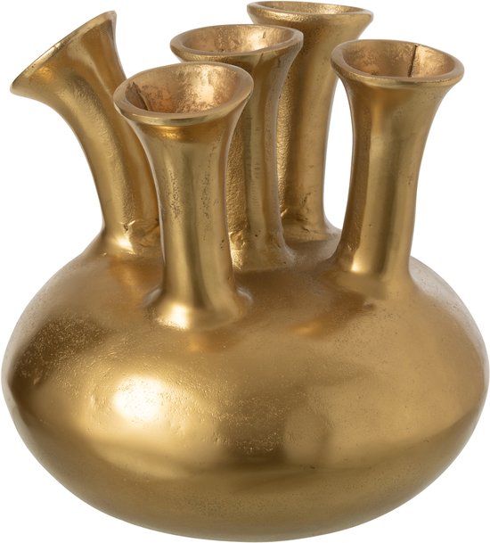 Gouden vaas met ronde basis en vijf tuiten.