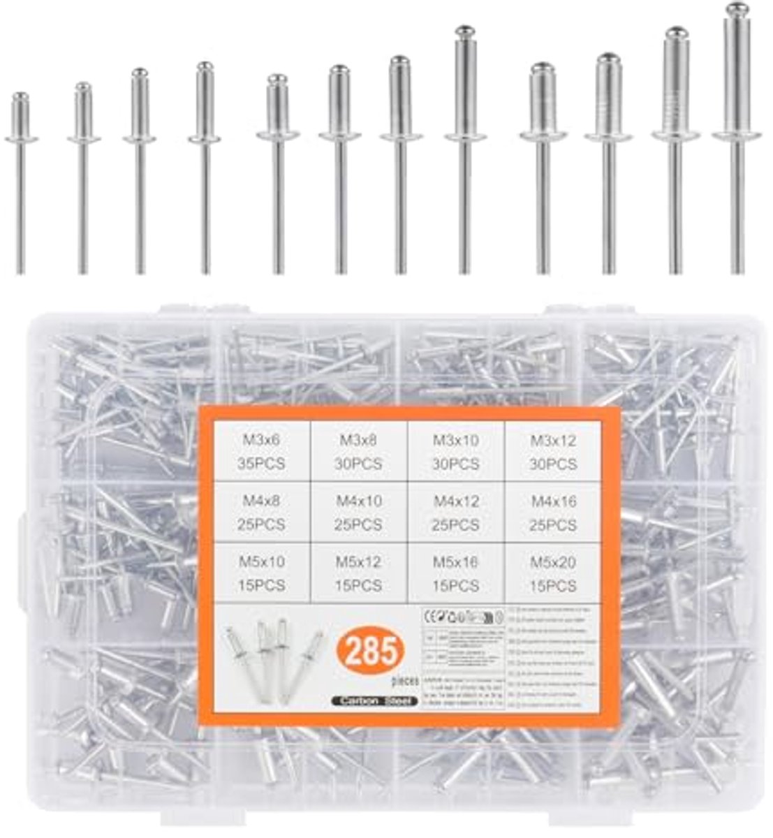 285 Stuks Aluminium Blindklinknagelset voor Metaal, Hout, en Kunststof - Diverse Maten