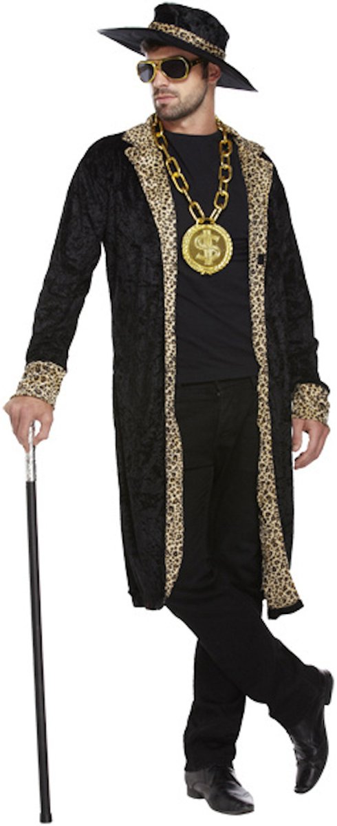 Henbrandt - VOLWASSENEN HEREN PIMP / POOIER Kostuum, bestaande uit: Zwarte Lange Jas en Hoed met Tijgerprint - Gangster kostuum - Carnavalskleding - Verkleedkleding - Vrijgezellenfeest - Man - Maat: ONE SIZE FITTS ALL