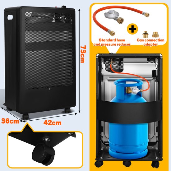Mobiele Gaskachel - Opvouwbare Gasheater 3800W - Binnen & Buiten - 2 Warmtestanden - Geschikt voor LPG/Propaan/Butaan - Met Wielen & Veiligheidssysteem — afbeelding 3