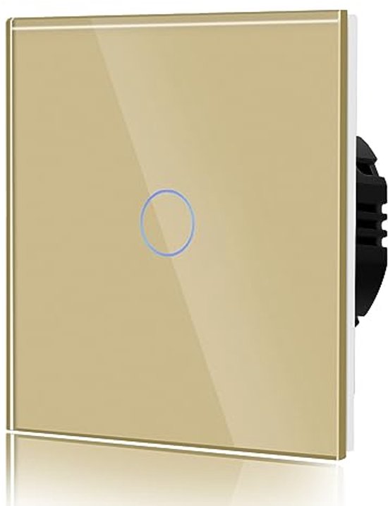 Gouden, moderne lichtschakelaar met blauwe led-indicator.