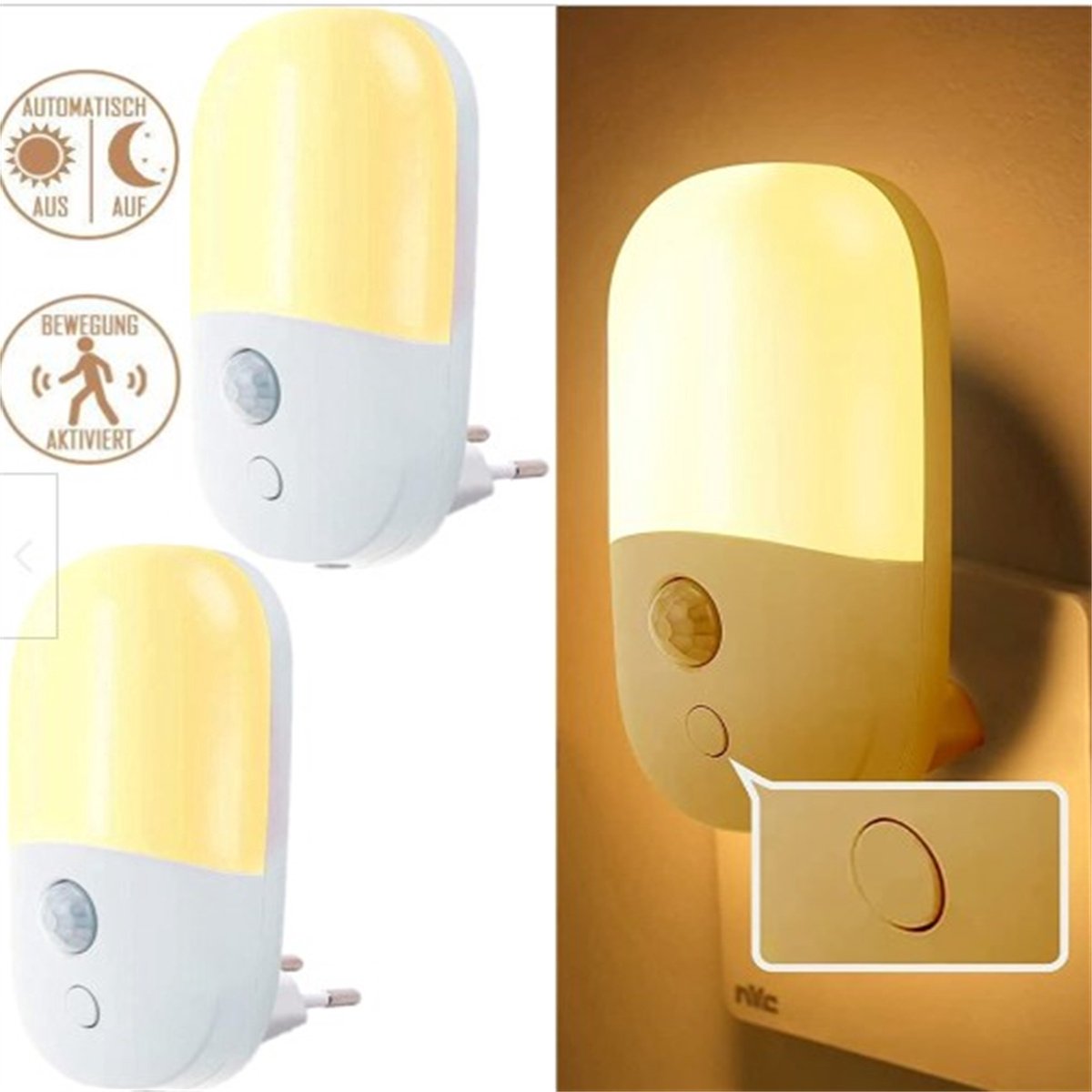 QTTVBTNA -Nachtlamp met Bewegingssensor voor Stopcontact, Instelbare Helderheid, Warm Wit Licht voor Slaapkamer, Trap en Kinderkamer (1 Stuks, Wit)