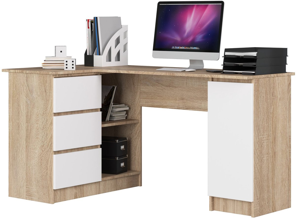 Hoekbureau Rechts B20 / Computerbureau / Computer Tafel / Bureautafel Links / Sonoma Eik - Wit / 155 x 77 x 85 cm