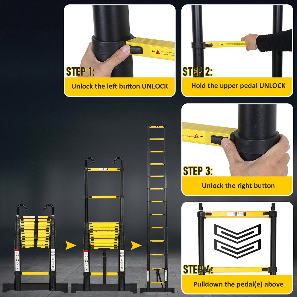 Telescopische Vouwladder - Telescopische Ladders - Werkhoogte 3,8M Zwart - zilverachtig - lichte uittrekbare ladder - met Barre d'équilibre en haken – foto 7