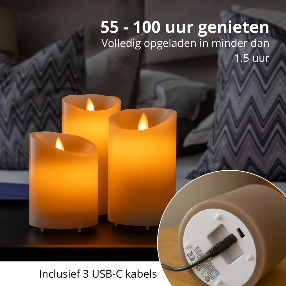 FlinQ Oplaadbare LED Kaarsen met Bewegende Vlam - Inclusief Afstandsbediening met Timer en Dimfunctie - Nep Kaarsen met Flikkerende Vlam - Dinerkaarsen Oplaadbaar - 3 stuks - Taupe — cadeau in Wonen & Interieur - foto 7