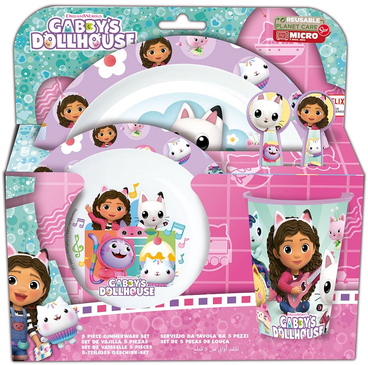 Gabby's Poppenhuis Kinderservies - 5-delig - Herbruikbaar - Inclusief bord, kom, bestek en beker - Vaatwasser- en microgolfbestendig & BPA-vrij - Wit/Paars-Roze