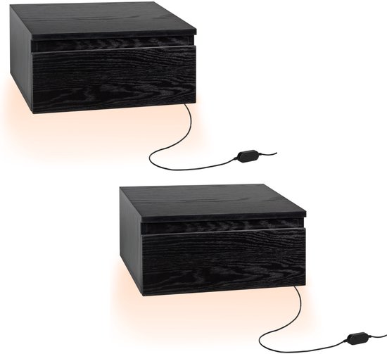 Casamoda Zwevend Nachtkastje Set van 2 - H18 x B40 x D35 cm - Verlichting RGB - Verstelbare LED-verlichting - Draagkracht 20 kg - Modern Nachtkastje met Lade - Zwart