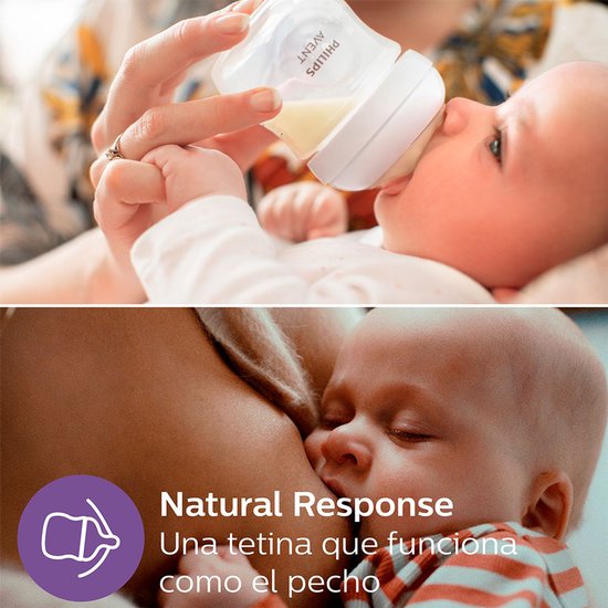 Een baby drinkt uit een Philips Avent fles. De onderliggende afbeelding toont een baby die aan de borst ligt.